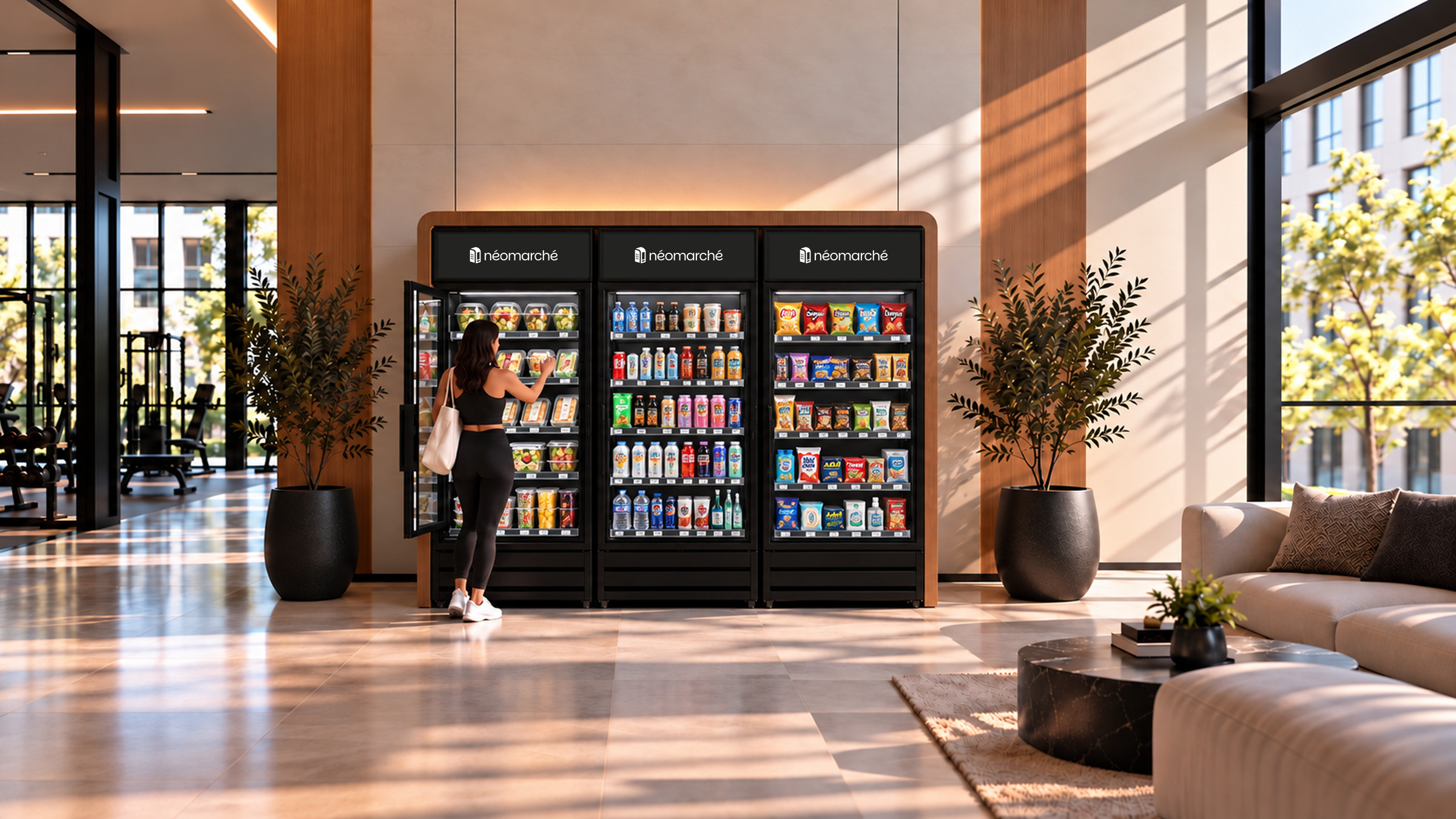 A resident picks up a meal at the néomarché market in a bright building lobby, next to the gym